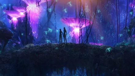 A vibrant HD desktop wallpaper from the movie Avatar, featuring two silhouettes against a glowing, colorful landscape of large mushrooms and bioluminescent flora.
