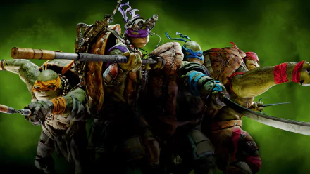 HD PC wallpaper of the four Teenage Mutant Ninja Turtles (2014 movie): Leonardo, Raphael, Donatello and Michelangelo armed and ready against a smoky green background.