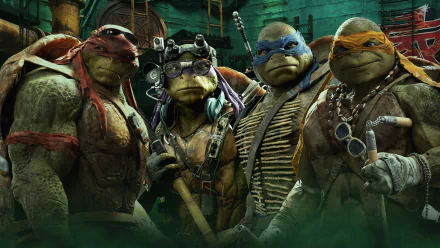 HD desktop wallpaper featuring Donatello, Leonardo, Raphael, and Michelangelo from the 2014 Teenage Mutant Ninja Turtles movie in a dark, atmospheric setting.