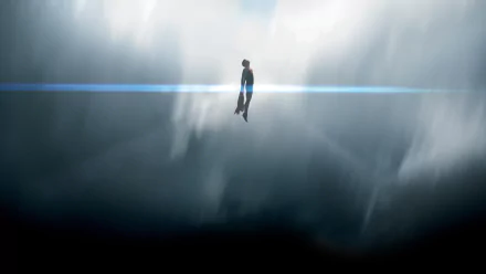 HD PC desktop wallpaper from the movie Man of Steel: lone Superman hovering above a brooding cloudscape with a bright horizontal lens flare.