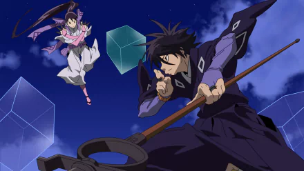 HD anime desktop wallpaper featuring dynamic characters from Kekkaishi in action against a night sky with floating glowing cubes.