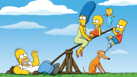 HD PC desktop wallpaper of The Simpsons TV show: Homer, Marge, Bart, Lisa and baby Maggie with Santa's Little Helper on a seesaw in a sunny backyard.