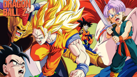 HD Dragon Ball Z wallpaper featuring Super Saiyan 3 Goku, Hirudegarn, Tapion, Goten, Trunks, and Gohan in an action-packed scene.