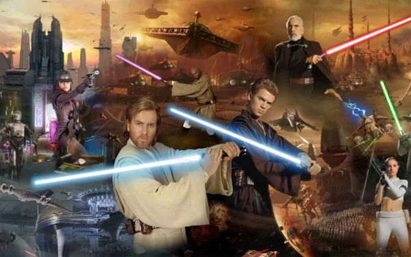 A dynamic HD wallpaper featuring iconic characters from Star Wars Episode II: Attack of the Clones, showcasing intense lightsaber battles and a vivid sci-fi backdrop.