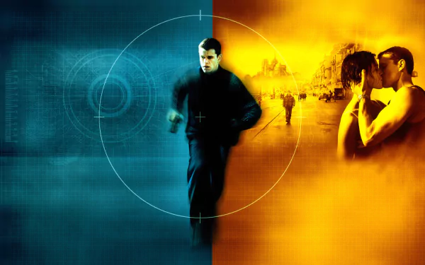 HD PC desktop wallpaper featuring a dynamic split scene from the movie The Bourne Identity, showcasing the protagonist in action against contrasting blue and orange backgrounds.