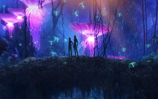 A vibrant HD desktop wallpaper from the movie Avatar, featuring two silhouettes against a glowing, colorful landscape of large mushrooms and bioluminescent flora.