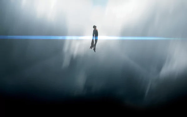 HD PC desktop wallpaper from the movie Man of Steel: lone Superman hovering above a brooding cloudscape with a bright horizontal lens flare.