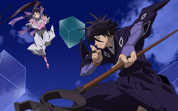 HD anime desktop wallpaper featuring dynamic characters from Kekkaishi in action against a night sky with floating glowing cubes.