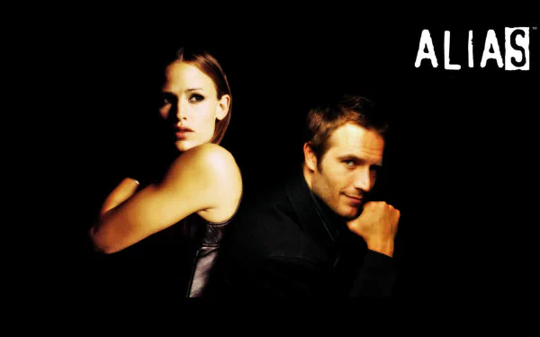 HD PC desktop wallpaper showing two actors posed back-to-back against a dark background, with the TV show Alias logo visible in the upper corner.