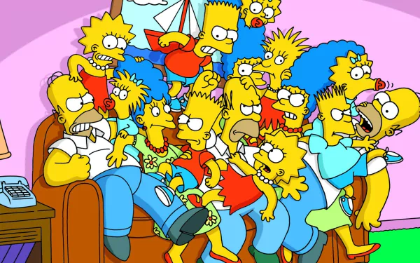 HD desktop wallpaper featuring the Simpson family from the TV show The Simpsons crowded together on a couch in their iconic living room.
