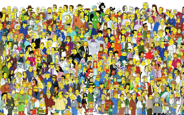 HD PC desktop wallpaper of The Simpsons cast: a dense crowd of dozens of yellow-skinned TV show characters standing together against a white background.