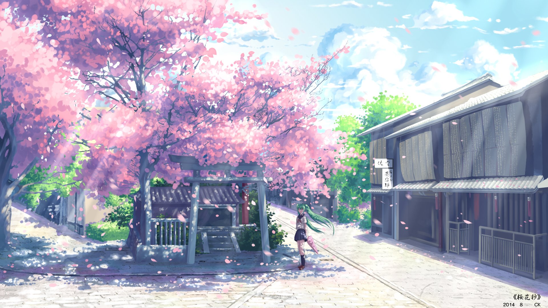 Anime HD wallpaper featuring Hatsune Miku with long green hair in a school uniform, standing under sakura blossoms on a sunny day.