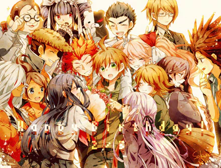 A vibrant HD desktop wallpaper featuring characters from Danganronpa, celebrating a birthday surrounded by friends, showcasing a lively and colorful anime style.