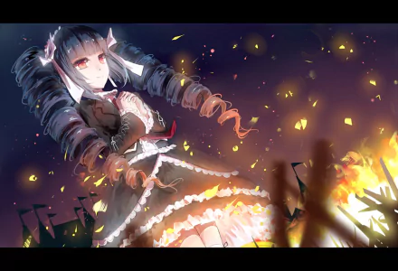 Celestia Ludenberg from Danganronpa stands out in this HD anime wallpaper, surrounded by flames and darkness, embodying mystery and intensity in her striking appearance.