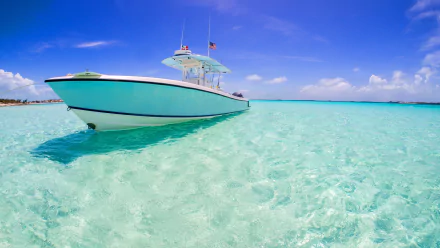 HD PC desktop wallpaper and background: white speed boat vehicle on turquoise-blue ocean with crystal-clear shallow water and a bright sunny sky.