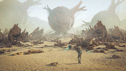 A sci-fi landscape features an astronaut walking through a vast desert, surrounded by massive spherical robots and rugged terrain, creating a striking visual experience.