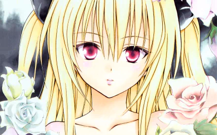 HD anime wallpaper featuring Golden Darkness from To Love-Ru with long blonde hair, red eyes, and a subtle blush, surrounded by white and pink flowers.