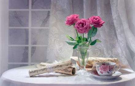 HD desktop wallpaper featuring a pink rose arrangement in a glass vase, a tea cup adorned with floral designs, and rolled-up sheets on a table against a soft, elegant background with lace curtains.