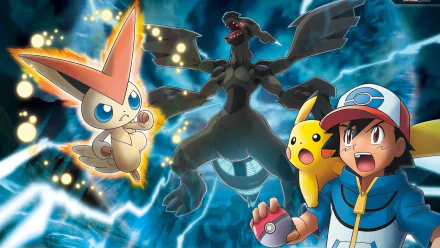 Ash Ketchum stands with Pikachu and Victini, surrounded by an electrifying backdrop featuring Zekrom. A vibrant, dynamic scene from the Pokémon anime. HD desktop wallpaper.