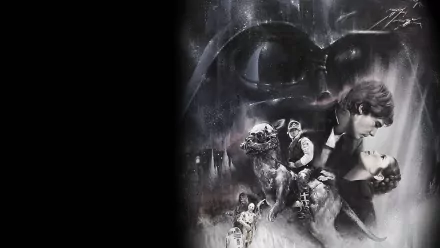 HD PC desktop wallpaper featuring iconic Star Wars Episode V characters: Darth Vader, Han Solo, Princess Leia Organa, and a Tauntaun in a dramatic black-and-white design.