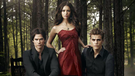 A richly detailed HD wallpaper from *The Vampire Diaries*, featuring the main characters poised together in a forest, embodying the show's dark and captivating essence.