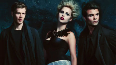 A dramatic HD wallpaper featuring characters from The Vampire Diaries, showcasing intense expressions against a dark, atmospheric background.