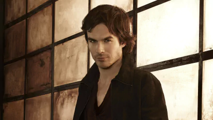 Ian Somerhalder as Damon Salvatore from *The Vampire Diaries*, featuring a moody backdrop, serves as an HD desktop wallpaper, capturing the show's intense atmosphere.