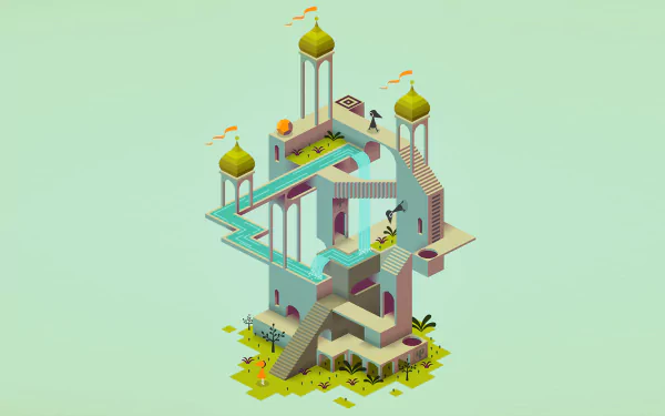 HD PC desktop wallpaper featuring an intricate, pastel-colored Monument Valley video game scene with impossible architecture and surreal staircases.