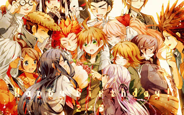 A vibrant HD desktop wallpaper featuring characters from Danganronpa, celebrating a birthday surrounded by friends, showcasing a lively and colorful anime style.