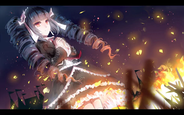 Celestia Ludenberg from Danganronpa stands out in this HD anime wallpaper, surrounded by flames and darkness, embodying mystery and intensity in her striking appearance.