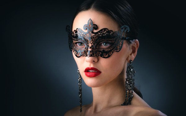 Photography Mask Earrings Lipstick Face Stare Brunette Green Eyes HD Wallpaper | Background Image