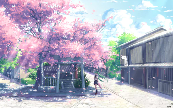 Anime HD wallpaper featuring Hatsune Miku with long green hair in a school uniform, standing under sakura blossoms on a sunny day.