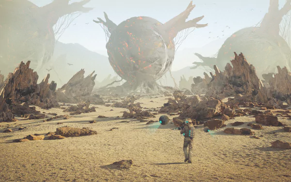 A sci-fi landscape features an astronaut walking through a vast desert, surrounded by massive spherical robots and rugged terrain, creating a striking visual experience.