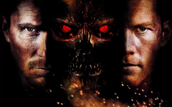 HD PC desktop wallpaper featuring Sam Worthington and Christian Bale with a fiery Terminator skull in the center, from the movie Terminator Salvation.