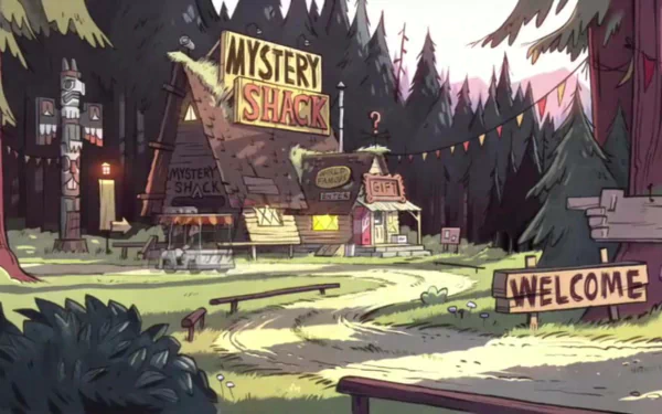 HD wallpaper from the TV show Gravity Falls, featuring the Mystery Shack surrounded by trees with a welcoming sign and colorful bunting.