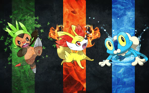 HD desktop wallpaper featuring starter Pokémon Froakie, Fennekin, and Chespin. The vibrant background showcases their elements with green, red, and blue stripes.