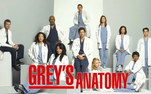 HD desktop wallpaper and background featuring the cast of the TV show Grey's Anatomy in medical attire, with the show's title prominently displayed in front.