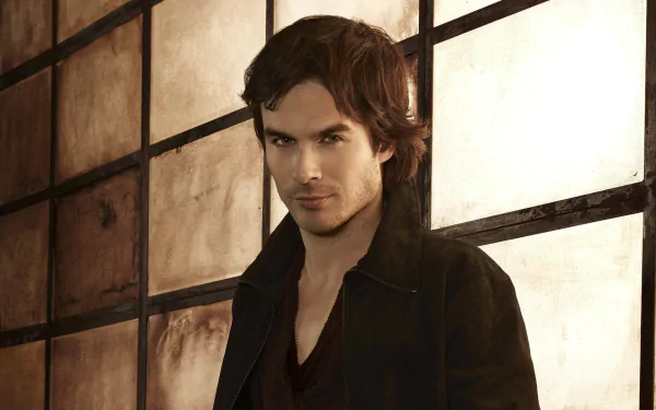 Ian Somerhalder as Damon Salvatore from *The Vampire Diaries*, featuring a moody backdrop, serves as an HD desktop wallpaper, capturing the show's intense atmosphere.