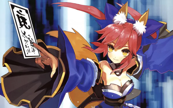 Tamamo no Mae from Fate/Grand Order, featuring pink hair, bleached eyes, animal ears, and traditional Japanese clothing, is depicted in an HD wallpaper with a vibrant background.