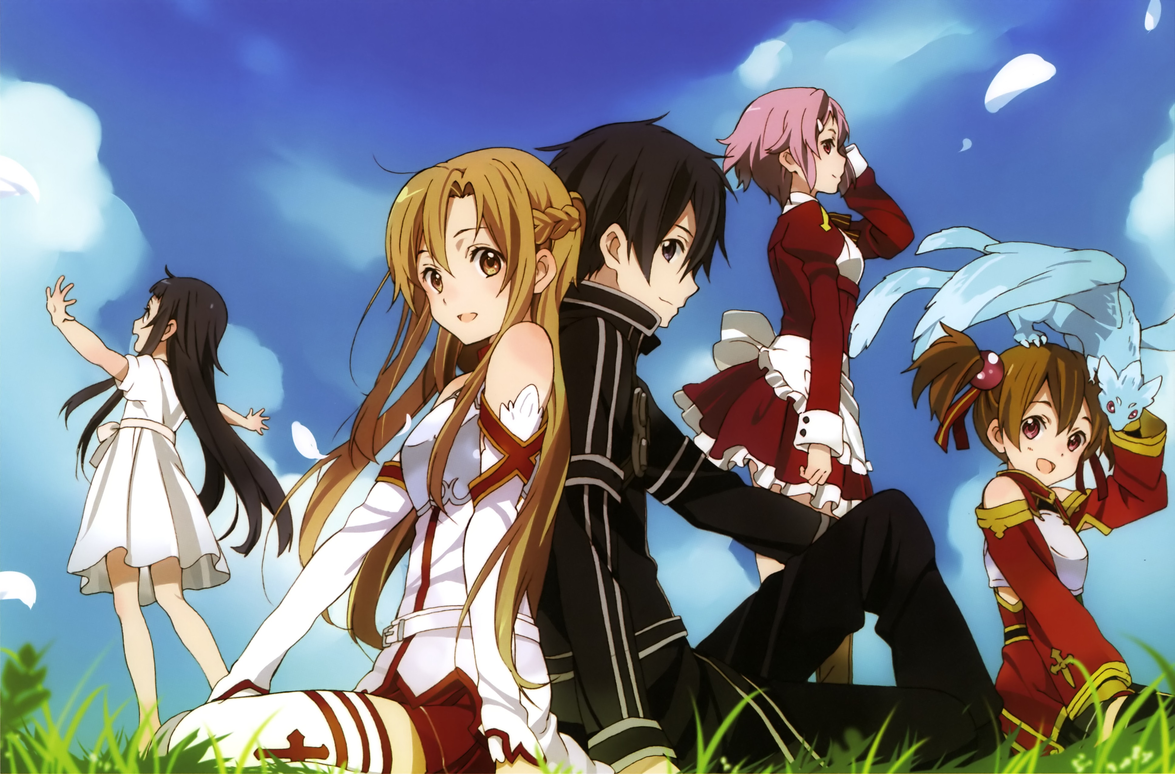 asuna, kirito, silica, lisbeth, pina, and 2 more (sword art online