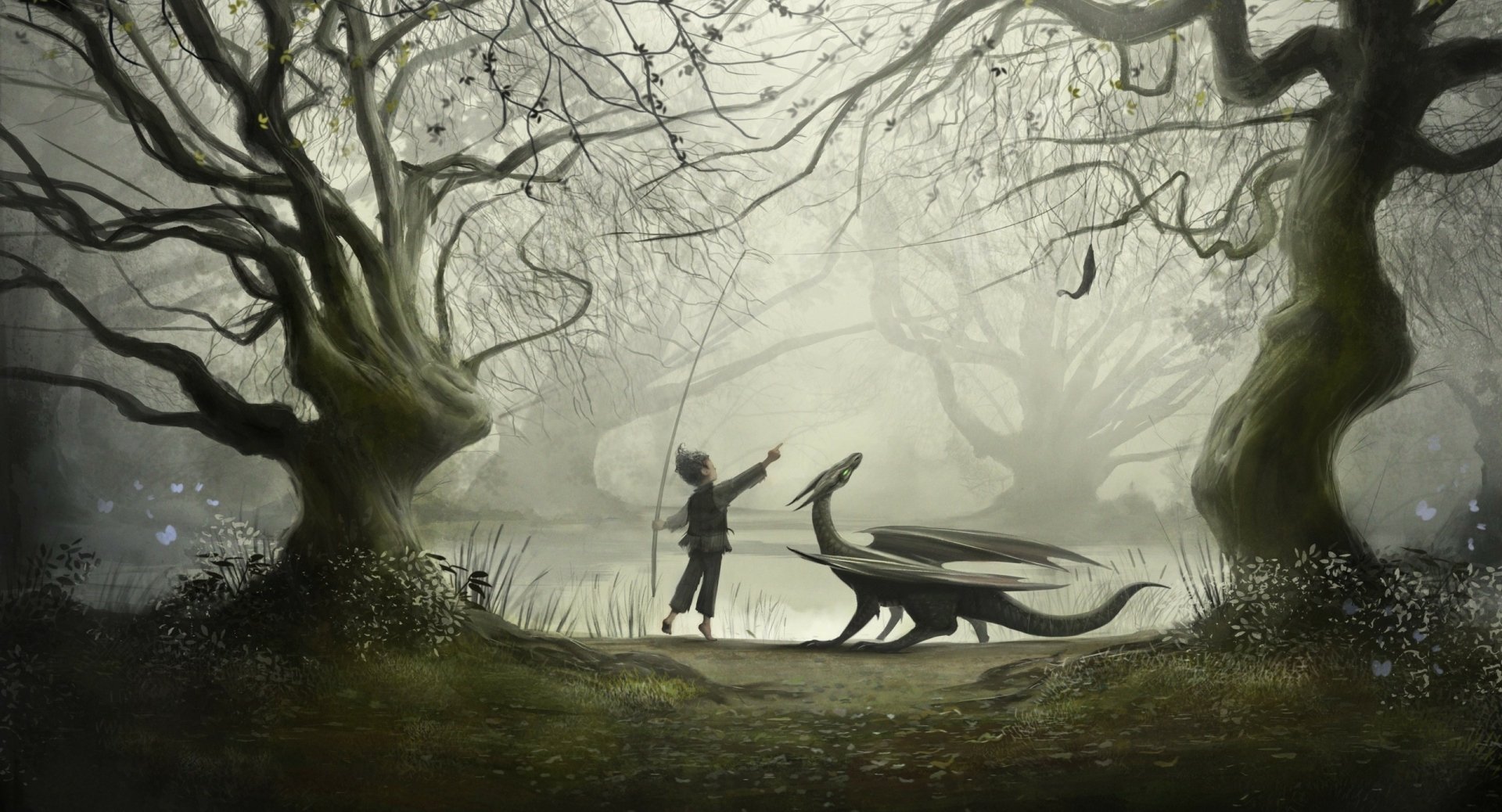 A fantasy forest scene featuring a person fishing beside a dragon by a misty river, designed as an HD PC desktop wallpaper background.