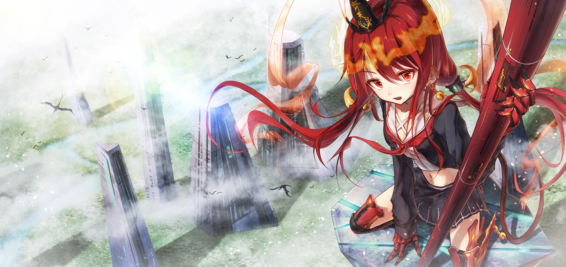 Anime-style original HD desktop wallpaper featuring a red-haired character in dynamic pose above a futuristic cityscape enveloped in mist.