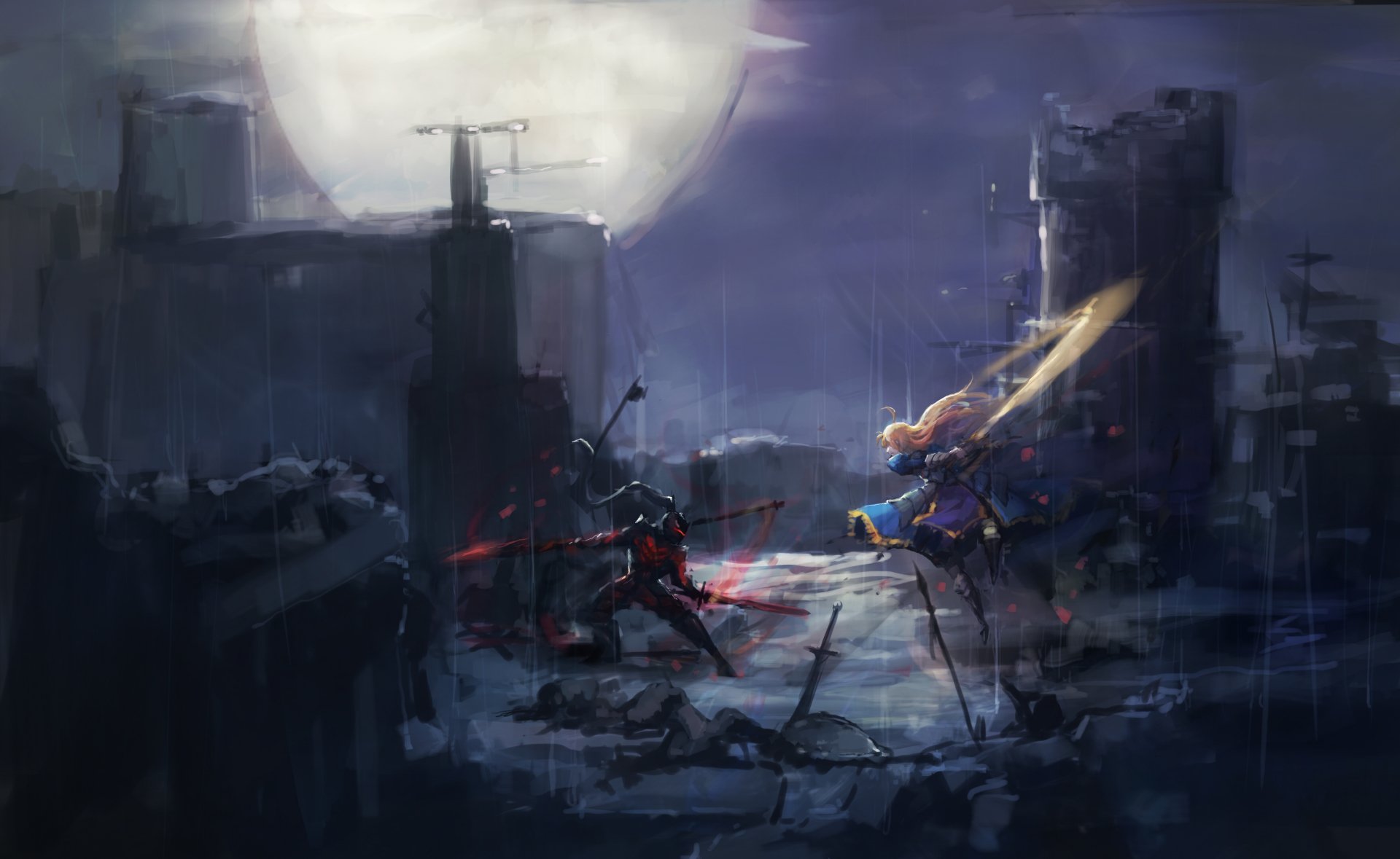 Anime HD wallpaper depicting Berserker and Saber from Fate/Zero in an intense battle under a full moon amidst a dark, ruined cityscape.