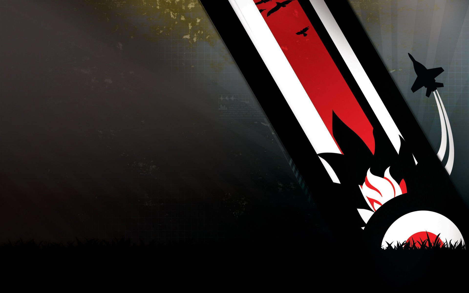 Artistic vector HD PC desktop wallpaper featuring bold diagonal stripes in black, white, and red with silhouettes of birds, a jet, and abstract shapes on a dark background.