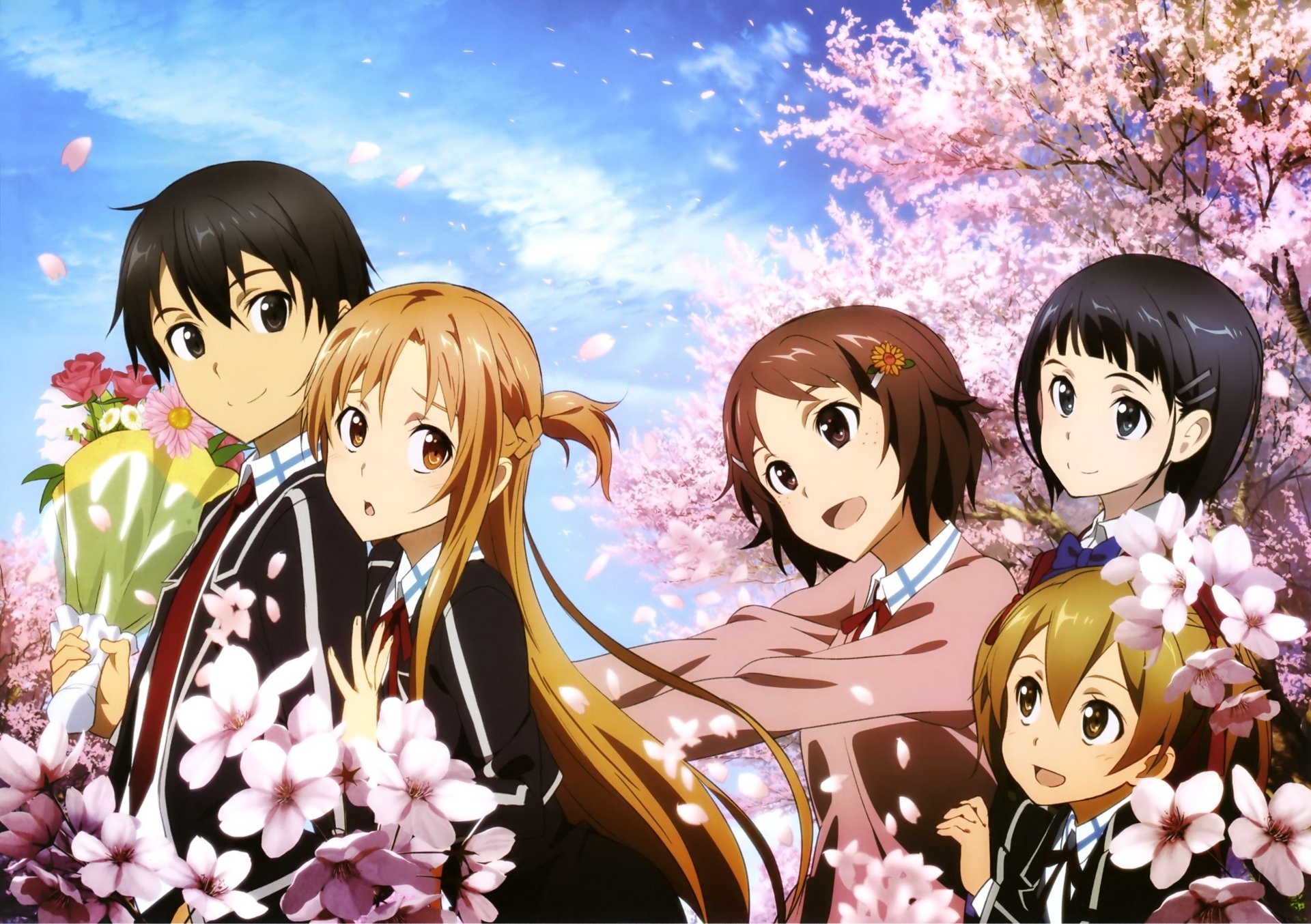 A vibrant HD wallpaper featuring characters Kirito, Asuna Yuuki, Lisbeth, and others from Sword Art Online, set against a backdrop of cherry blossoms and a bright sky.