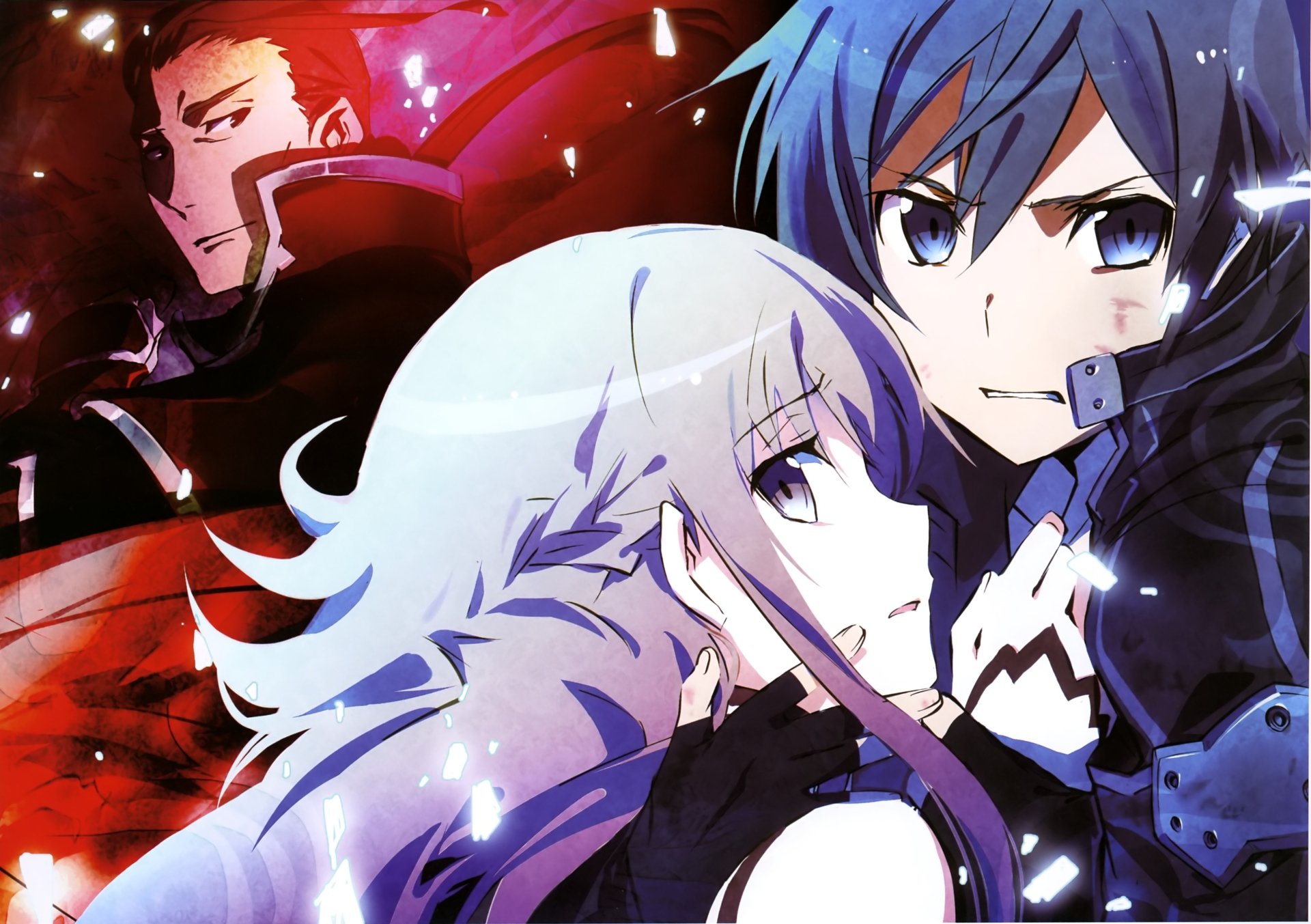 HD wallpaper featuring Heathcliff, Kirito, and Asuna Yuuki from Sword Art Online, showcasing dynamic characters and vibrant colors in an anime-inspired design.
