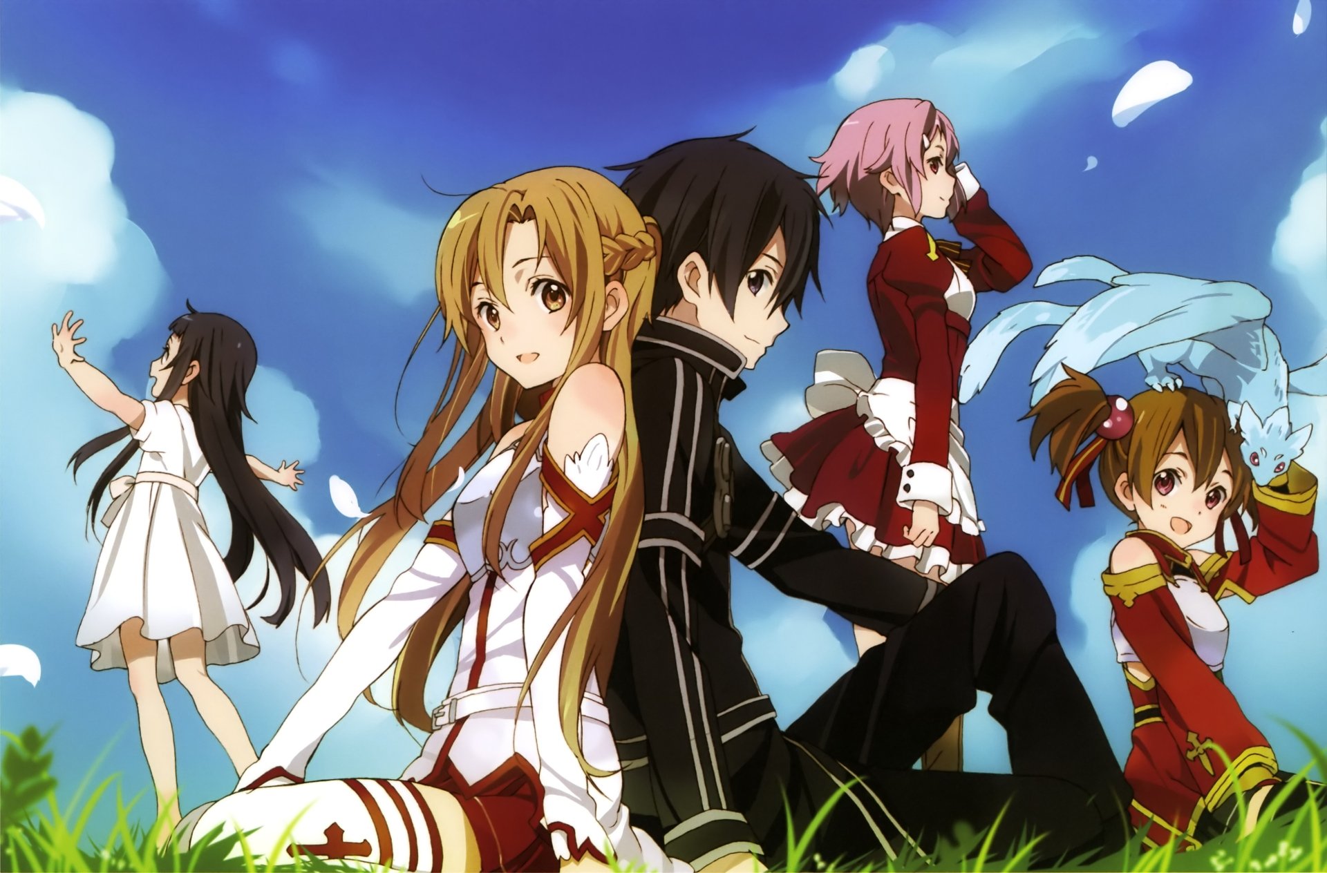 HD wallpaper featuring characters Keiko Ayano, Kazuto Kirigaya, Lisbeth, Silica, Kirito, Asuna Yuuki, and Yui from the anime Sword Art Online. The characters are depicted outdoors with a sky background.