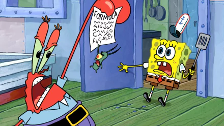 A vibrant HD desktop wallpaper featuring characters from the TV show SpongeBob SquarePants. Mr. Krabs holds a paper while SpongeBob reacts in surprise, set in a colorful underwater kitchen.
