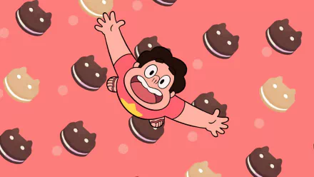 A vibrant HD wallpaper featuring Steven from the TV show Steven Universe, joyfully reaching out against a playful background of colorful, cartoonish treats.