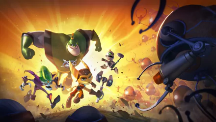 HD PC desktop wallpaper featuring vibrant characters in action from the video game Ratchet & Clank: All For One against a glowing, dynamic background.